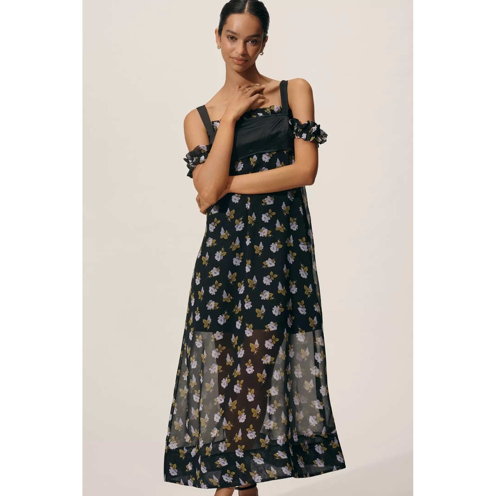 Maeve Black Floral Midi Dress with Purple and Yellow Flowers